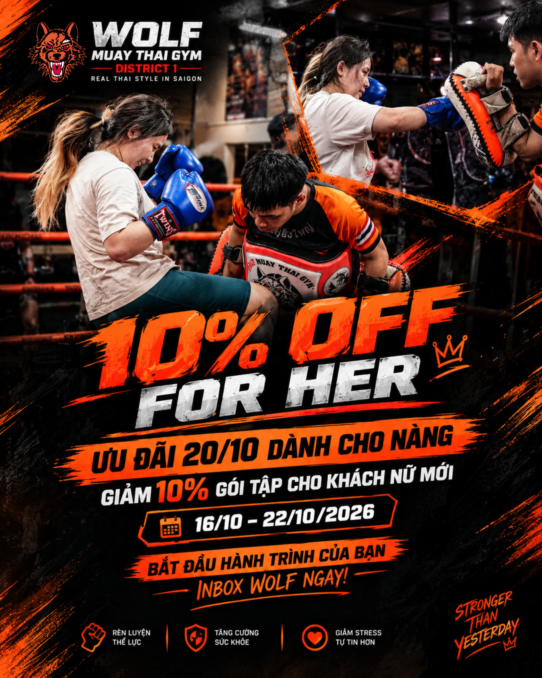 Banner chương trình ưu đãi 20/10 giảm 10% gói tập lớp nhóm Muay Thái cho nữ tại Wolf Muay Thai Gym